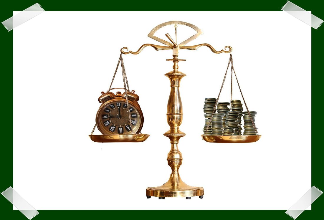 Old fashioned scales with clock on one side and piles of stacked coins on the other, showing them balanced out.